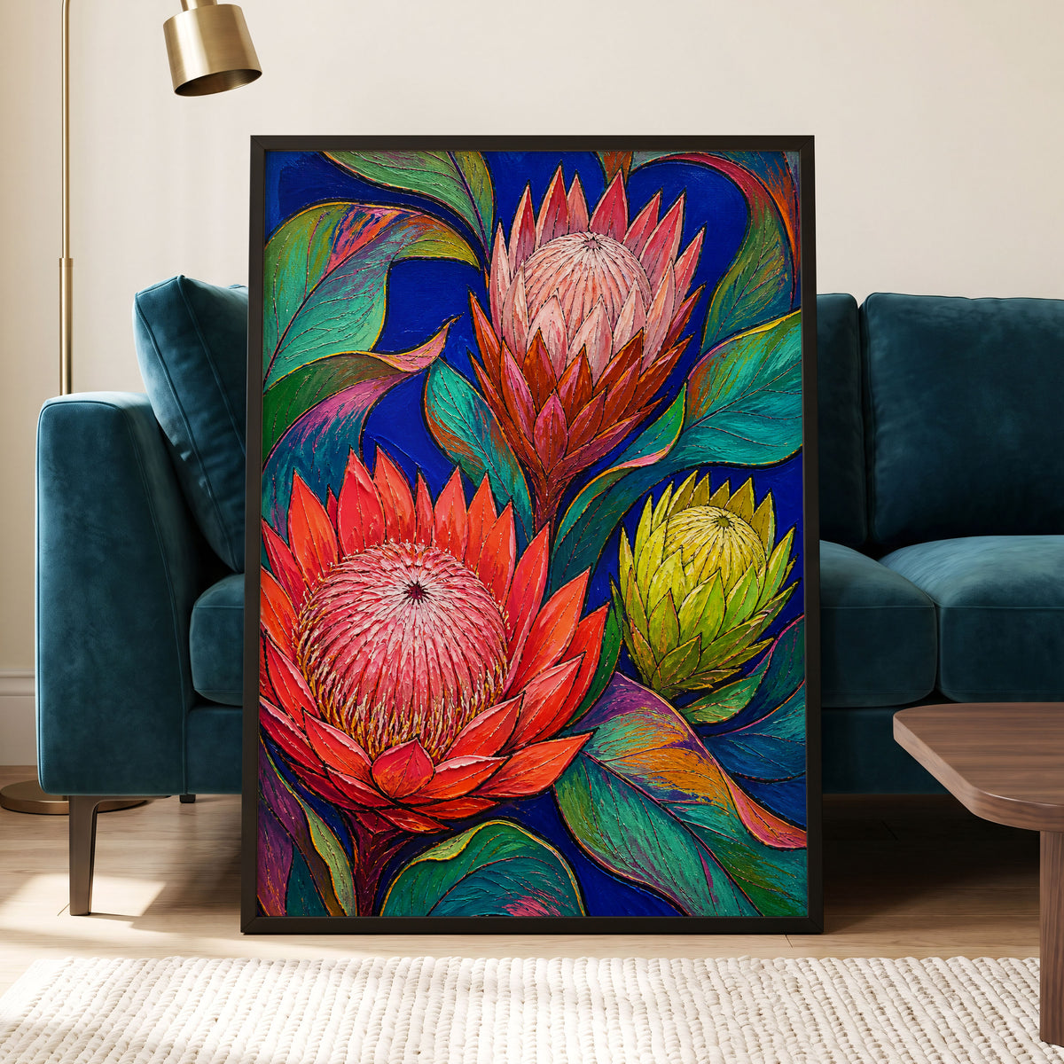 Protea Colourburst, red, pink, yellow floral wall art displayed in a styled interior, gallery view 6
