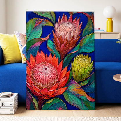 Protea Colourburst, red, pink, yellow floral wall art displayed in a styled interior, gallery view 7