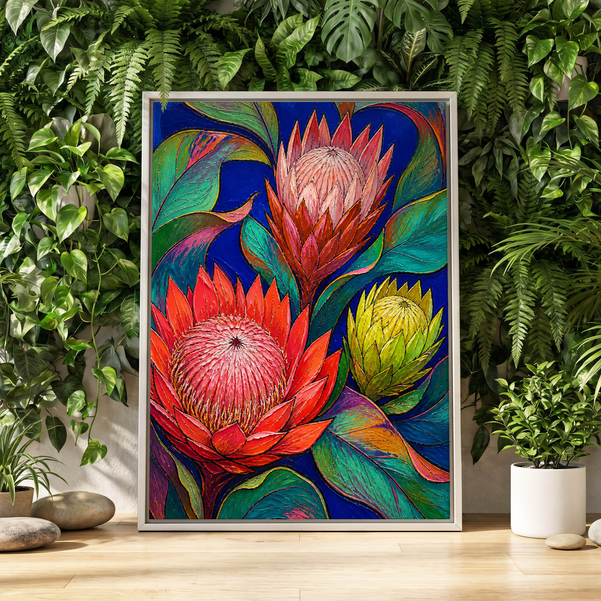 Protea Colourburst, red, pink, yellow floral wall art displayed in a styled interior, gallery view 8