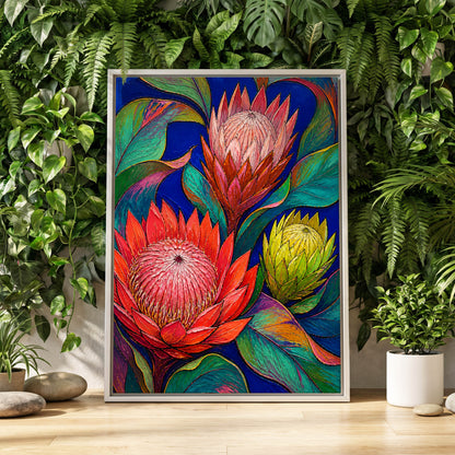 Protea Colourburst, red, pink, yellow floral wall art displayed in a styled interior, gallery view 8