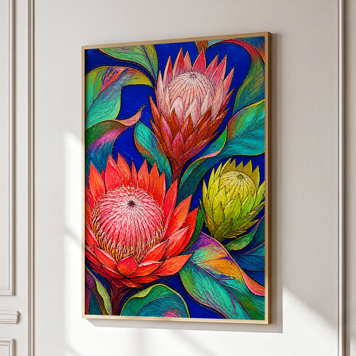 Protea Colourburst, red, pink, yellow floral wall art displayed in a styled interior, gallery view 9