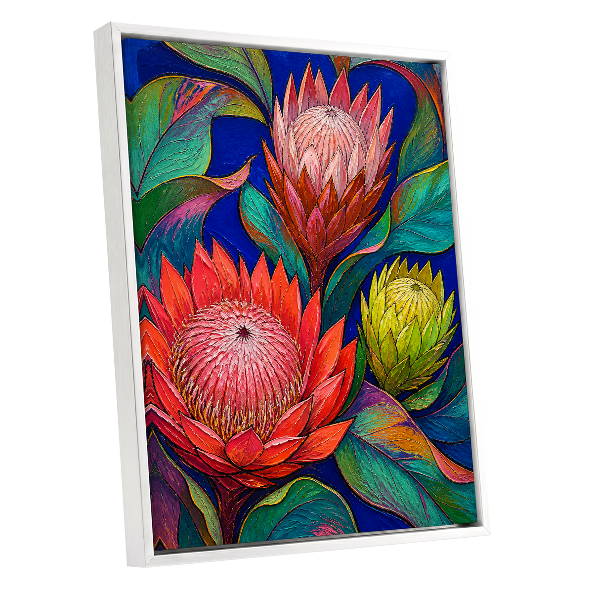 Protea Colourburst, red, pink, yellow floral wall art shown as a white framed canvas wall art