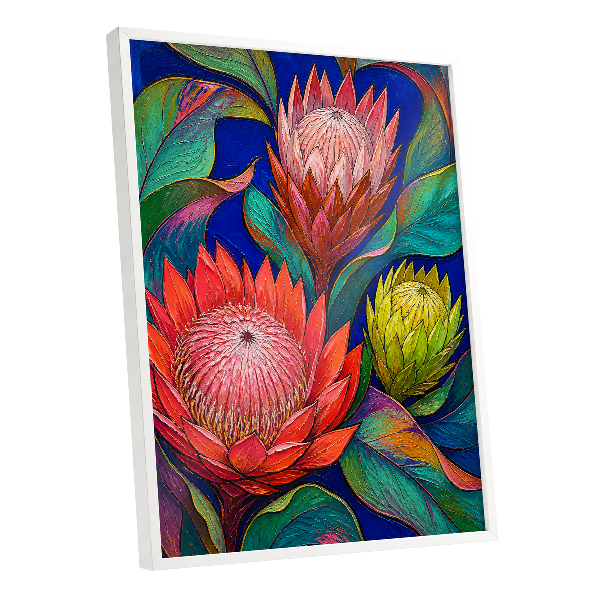 Protea Colourburst, red, pink, yellow floral wall art shown as a white framed poster wall art print