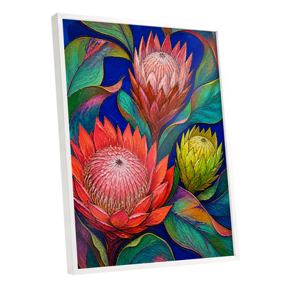 Protea Colourburst, red, pink, yellow floral wall art shown as a white framed poster wall art print