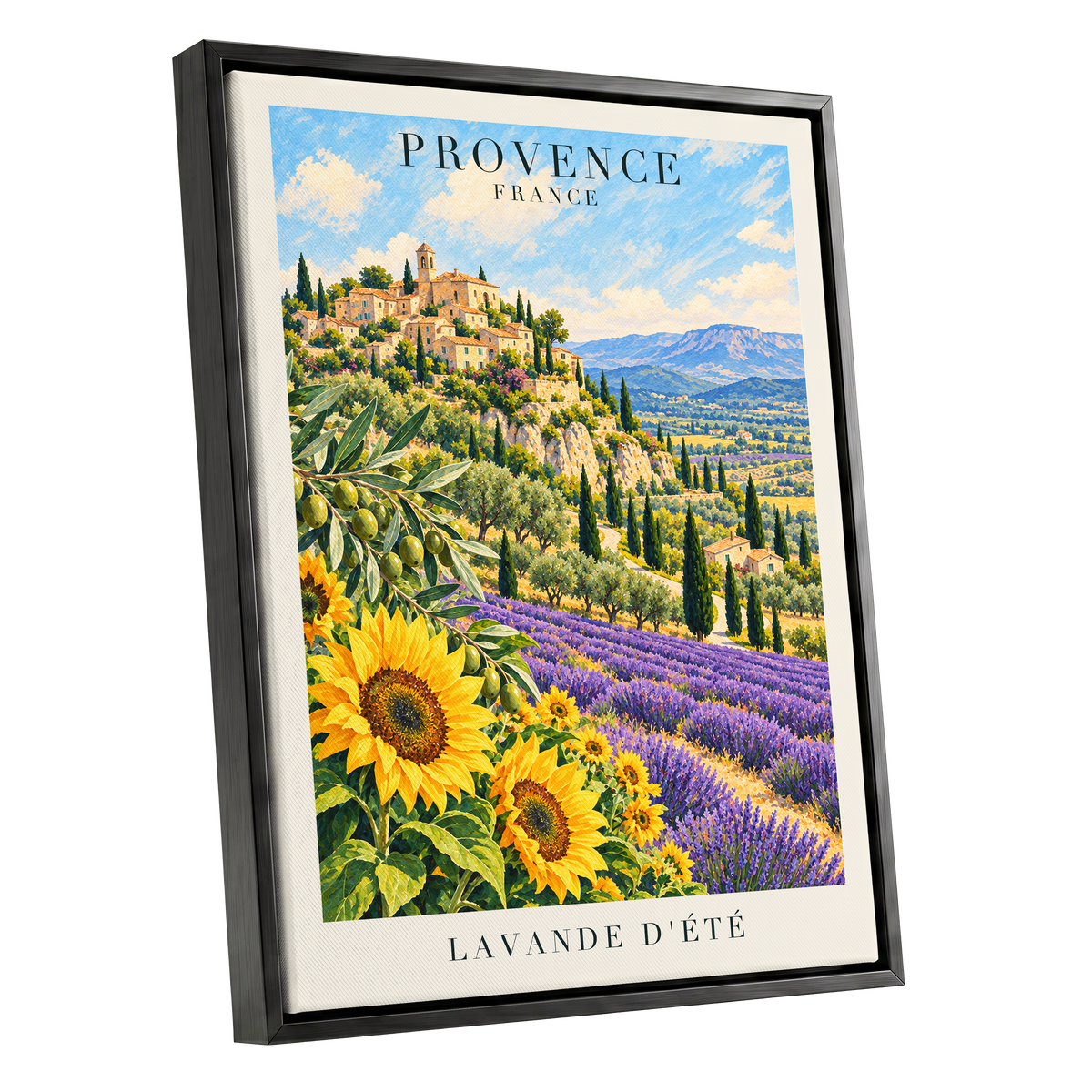 Provence in Bloom, green, blue, purple nature wall art shown as a black framed canvas wall art