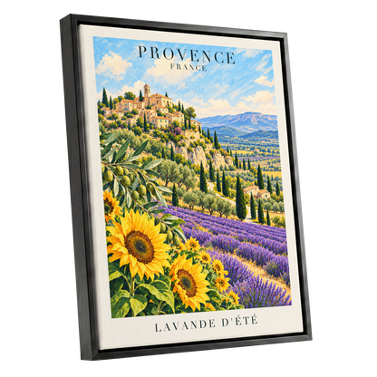 Provence in Bloom, green, blue, purple nature wall art shown as a black framed canvas wall art