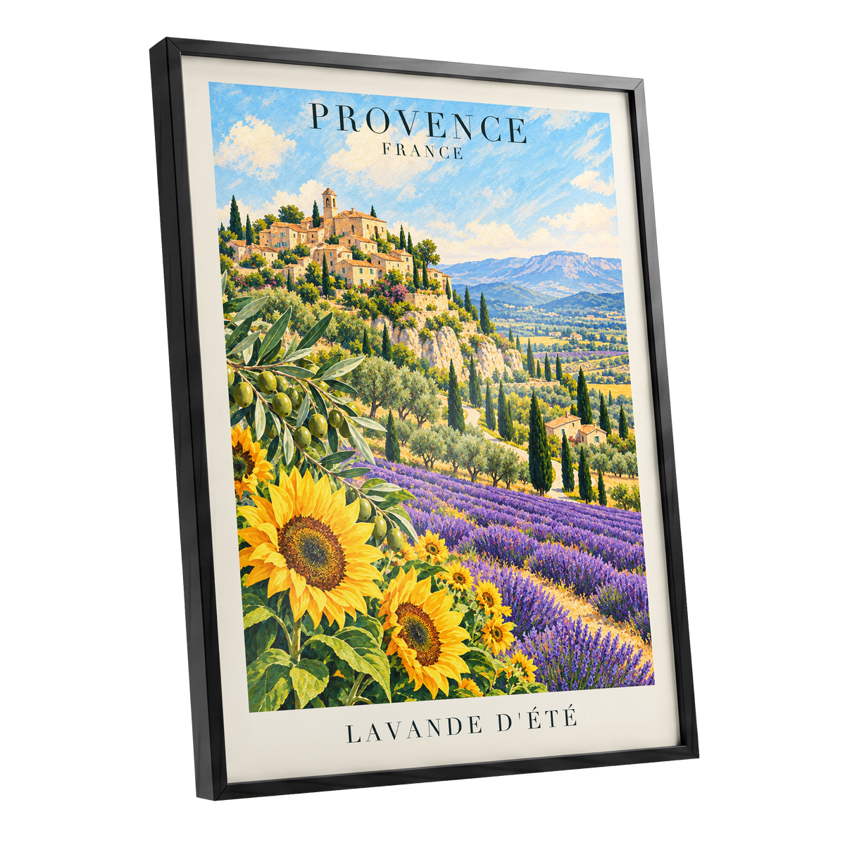 Provence in Bloom, green, blue, purple nature wall art shown as a black framed poster wall art print