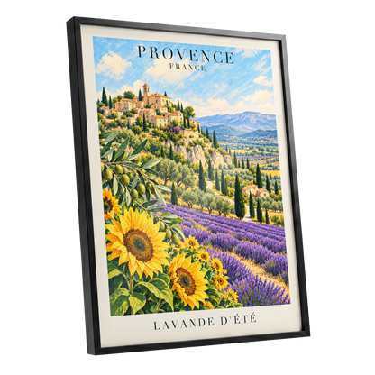 Provence in Bloom, green, blue, purple nature wall art shown as a black framed poster wall art print