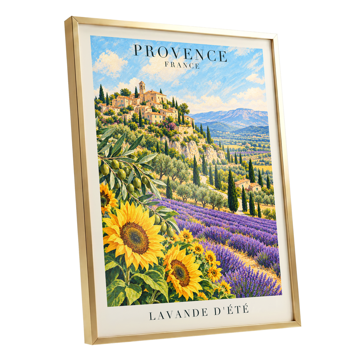 Provence in Bloom, green, blue, purple nature wall art shown as a gold framed poster wall art print