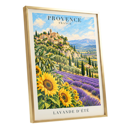 Provence in Bloom, green, blue, purple nature wall art shown as a gold framed poster wall art print