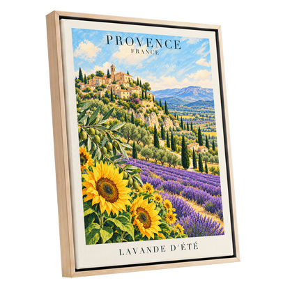 Provence in Bloom, green, blue, purple nature wall art shown as a oak framed canvas wall art