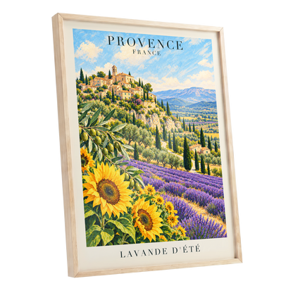 Provence in Bloom, green, blue, purple nature wall art shown as a oak framed poster wall art print