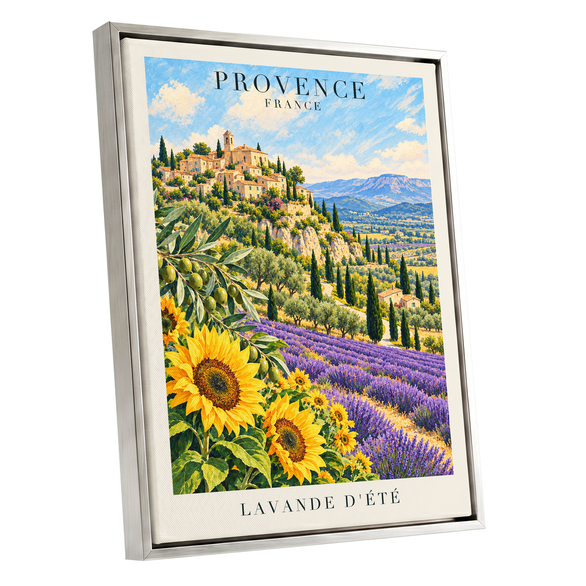 Provence in Bloom, green, blue, purple nature wall art shown as a silver framed canvas wall art