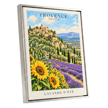 Provence in Bloom, green, blue, purple nature wall art shown as a silver framed canvas wall art
