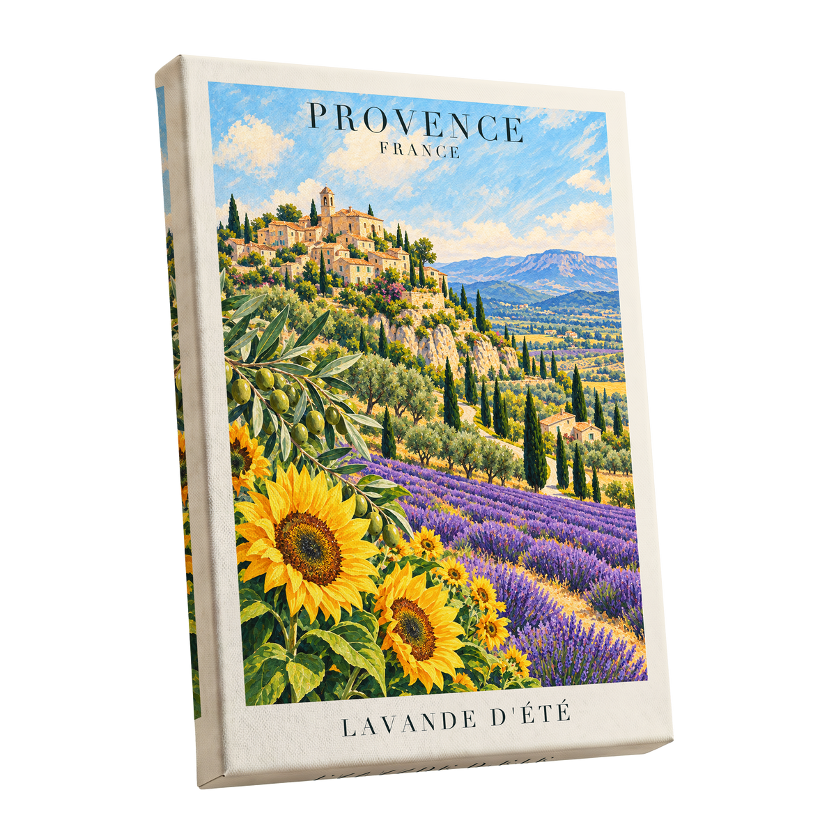 Provence in Bloom, green, blue, purple nature wall art shown as a stretched canvas wall art