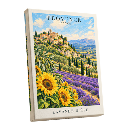 Provence in Bloom, green, blue, purple nature wall art shown as a stretched canvas wall art