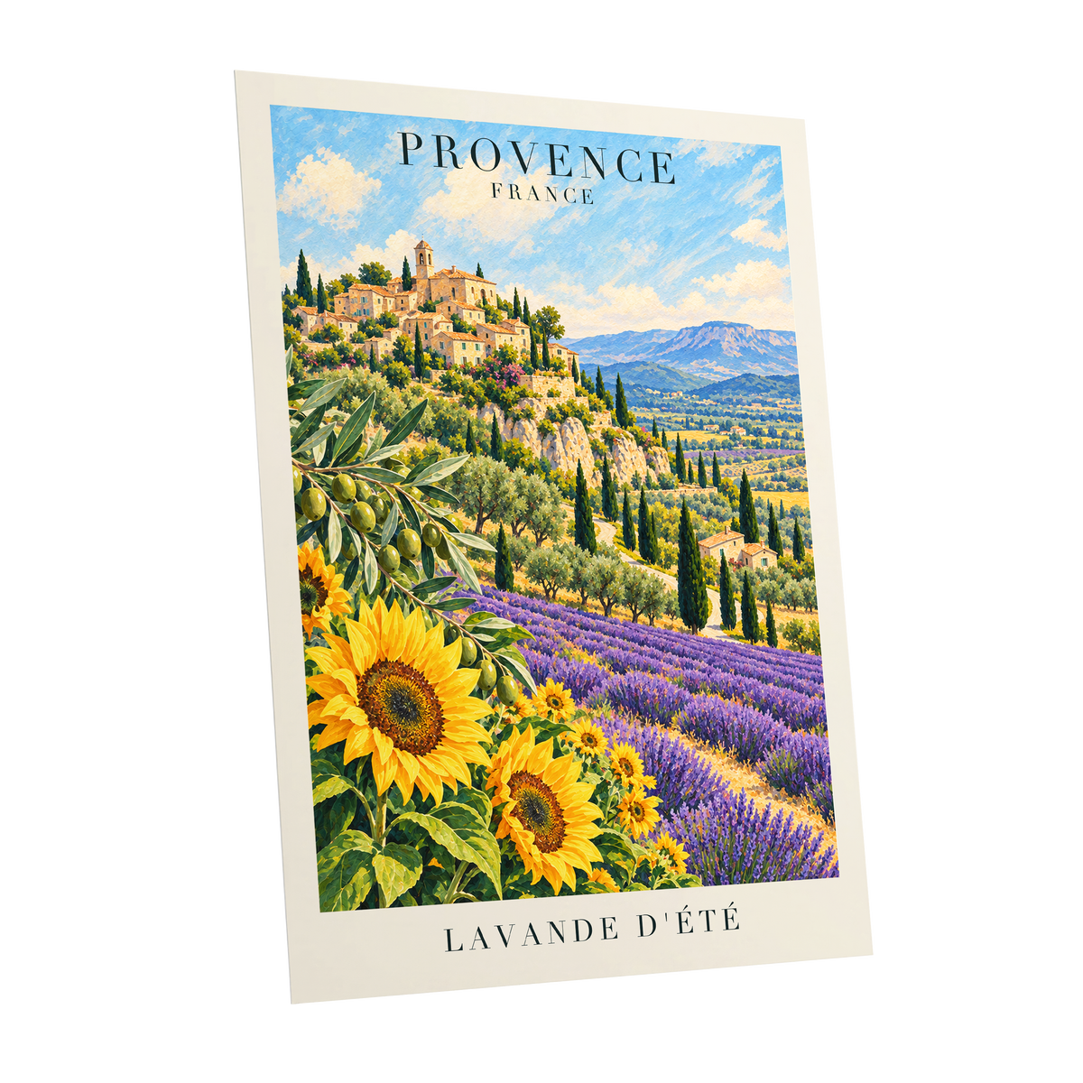 Provence in Bloom, green, blue, purple nature wall art shown as a unframed poster wall art print