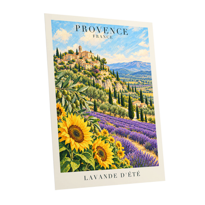 Provence in Bloom, green, blue, purple nature wall art shown as a unframed poster wall art print