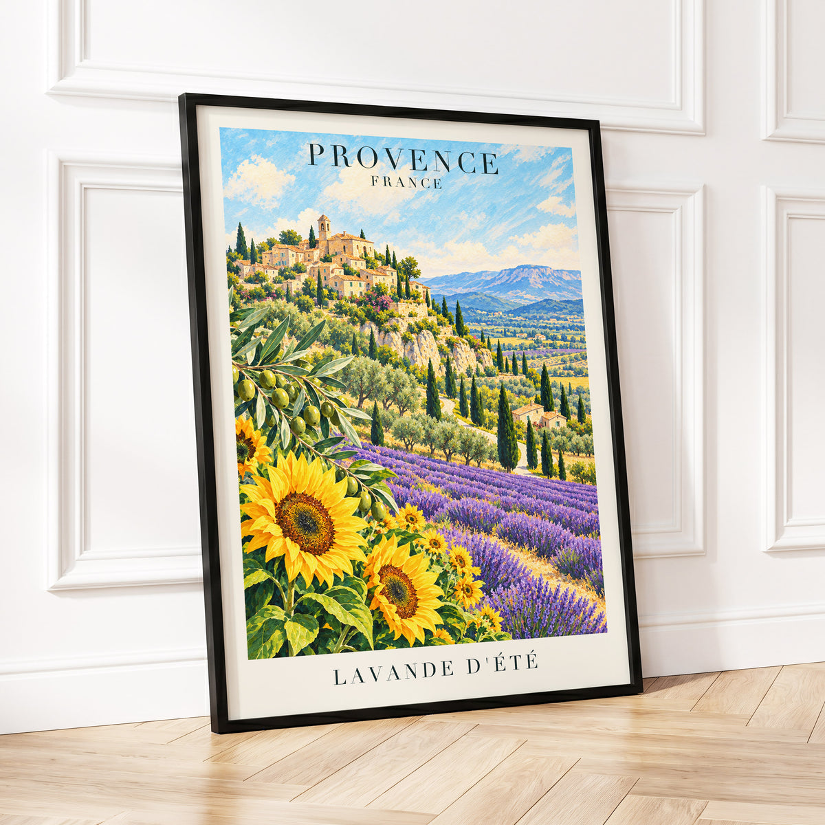 Provence in Bloom, green, blue, purple nature wall art displayed in a styled interior, gallery view 2