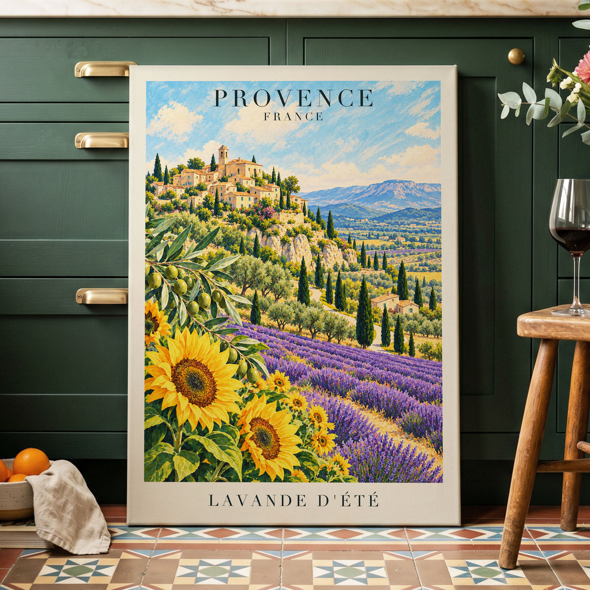 Provence in Bloom, green, blue, purple nature wall art displayed in a styled interior, gallery view 3