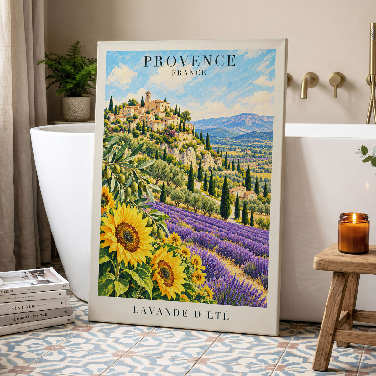 Provence in Bloom, green, blue, purple nature wall art displayed in a styled interior, gallery view 7