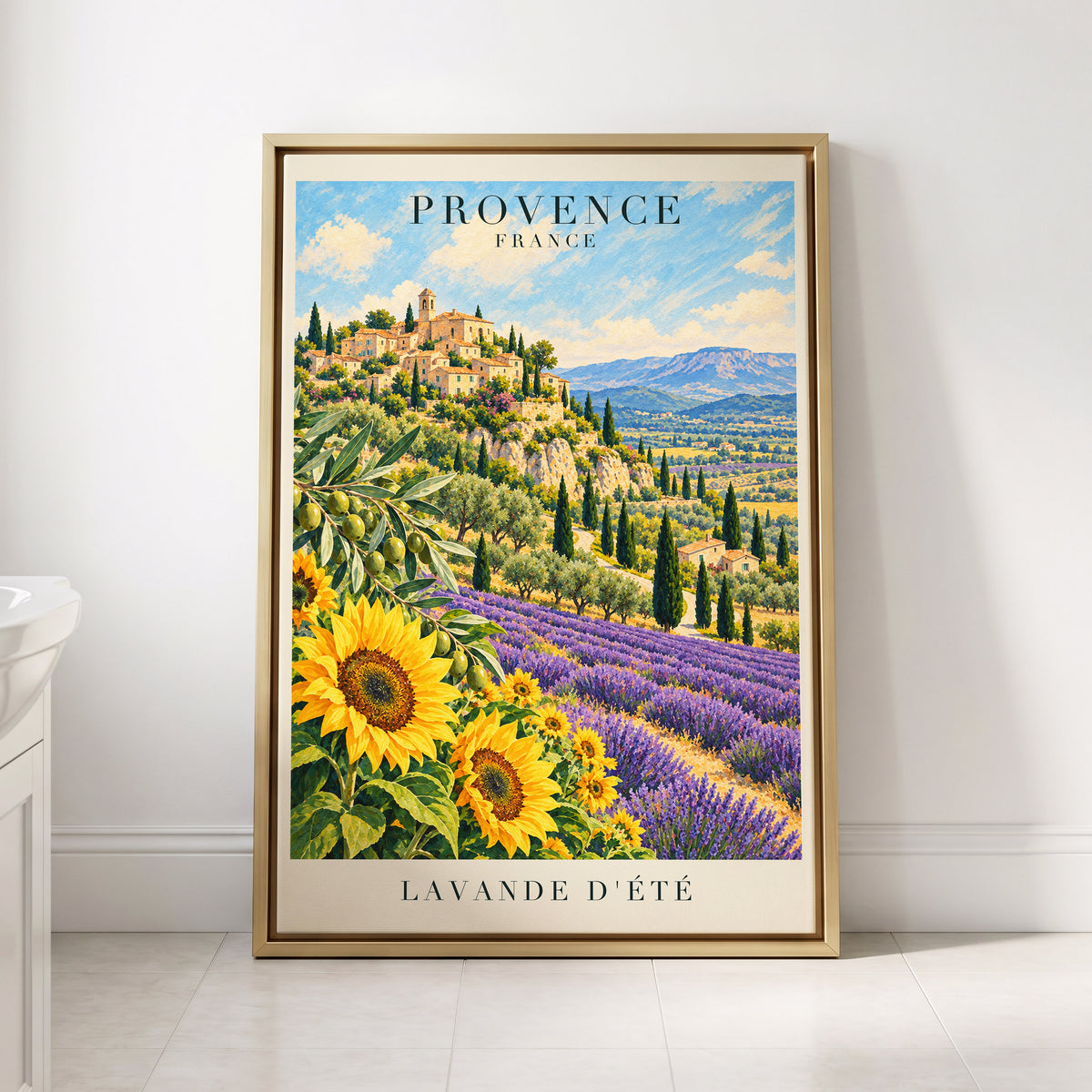 Provence in Bloom, green, blue, purple nature wall art displayed in a styled interior, gallery view 8