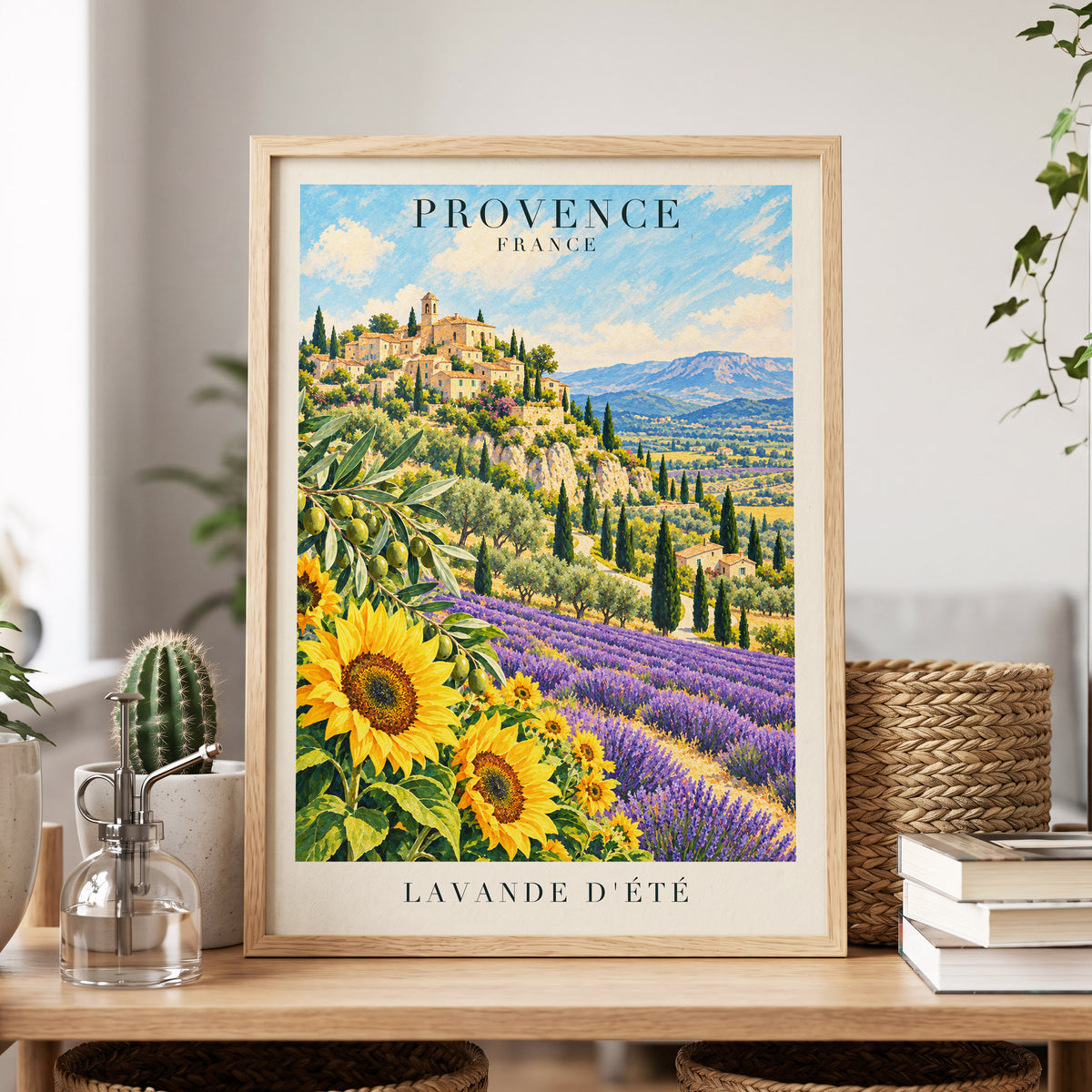 Provence in Bloom, green, blue, purple nature wall art displayed in a styled interior, gallery view 9