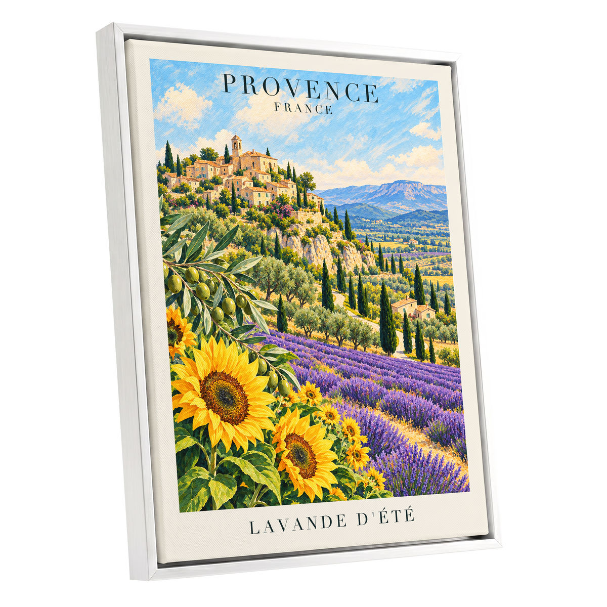 Provence in Bloom, green, blue, purple nature wall art shown as a white framed canvas wall art