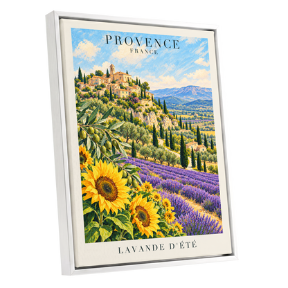 Provence in Bloom, green, blue, purple nature wall art shown as a white framed canvas wall art