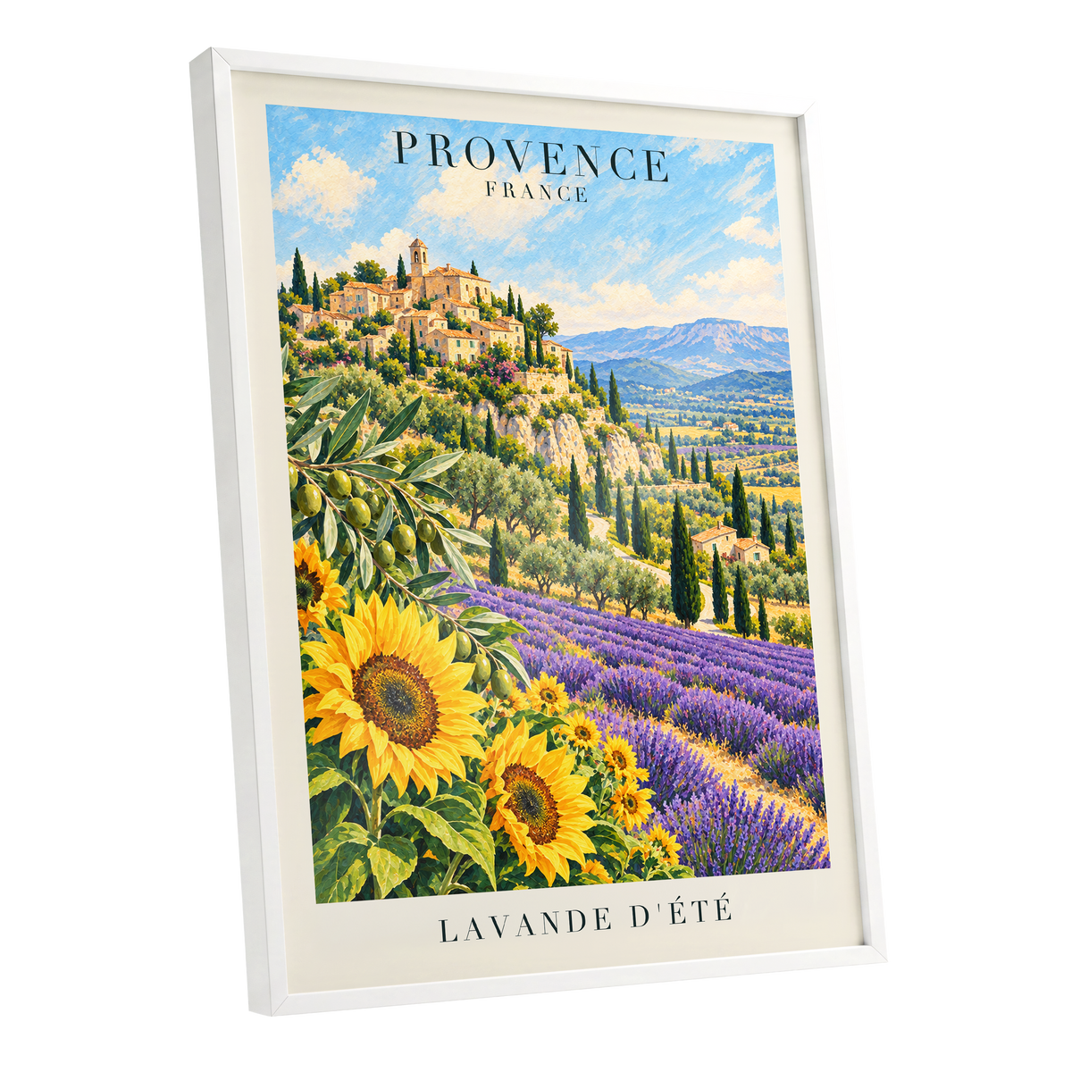 Provence in Bloom, green, blue, purple nature wall art shown as a white framed poster wall art print