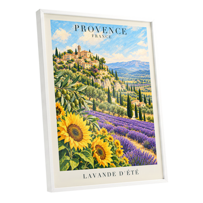 Provence in Bloom, green, blue, purple nature wall art shown as a white framed poster wall art print