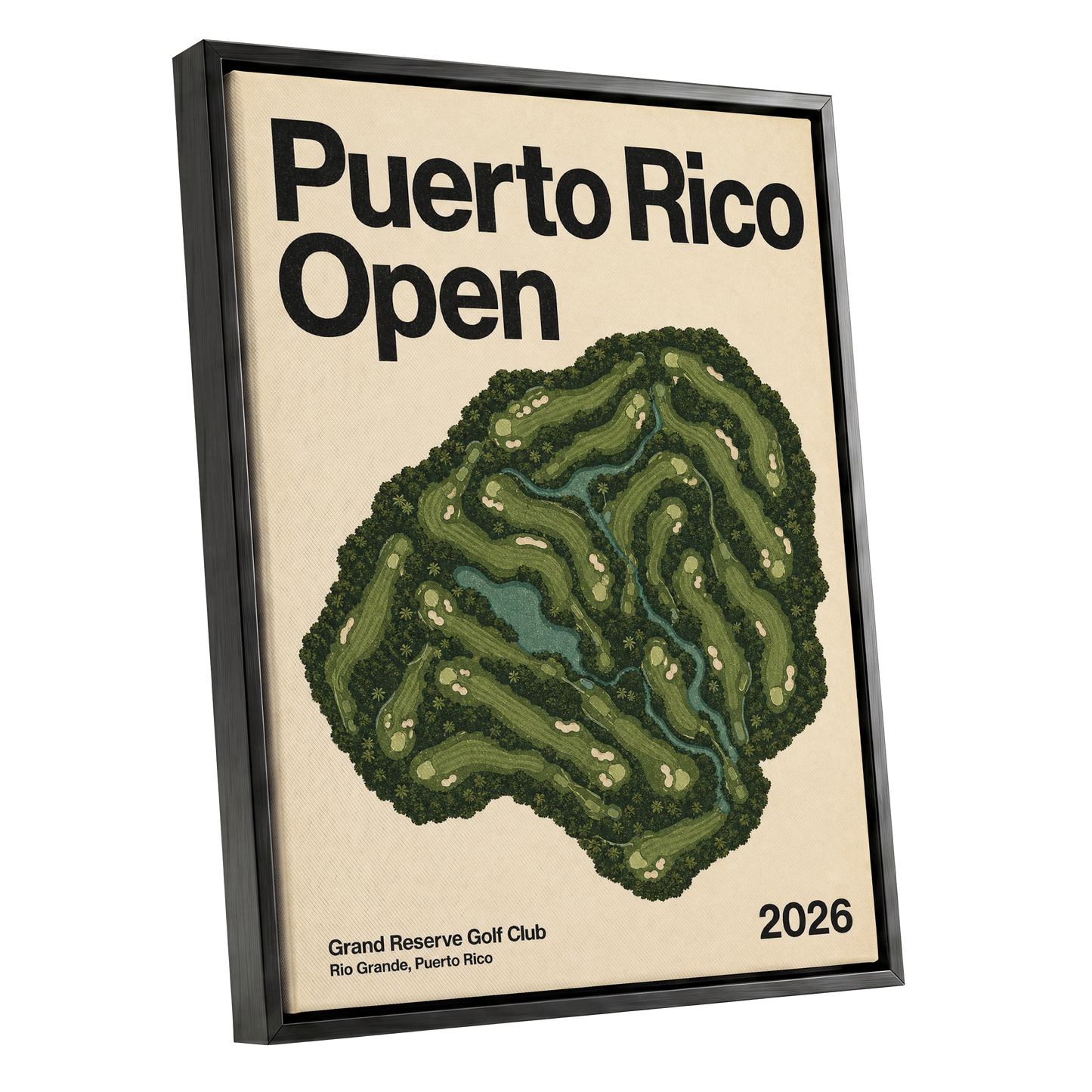 Puerto Rico Fairways, green, beige, black nature wall art shown as a black framed canvas wall art