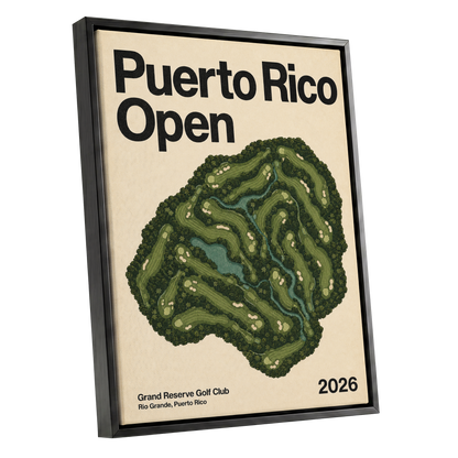 Puerto Rico Fairways, green, beige, black nature wall art shown as a black framed canvas wall art
