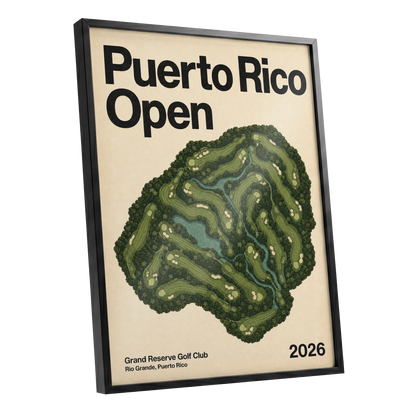 Puerto Rico Fairways, green, beige, black nature wall art shown as a black framed poster wall art print