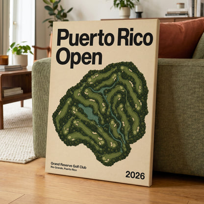 Puerto Rico Fairways, green, beige, black nature wall art on canvas displayed in a styled interior, gallery view 1