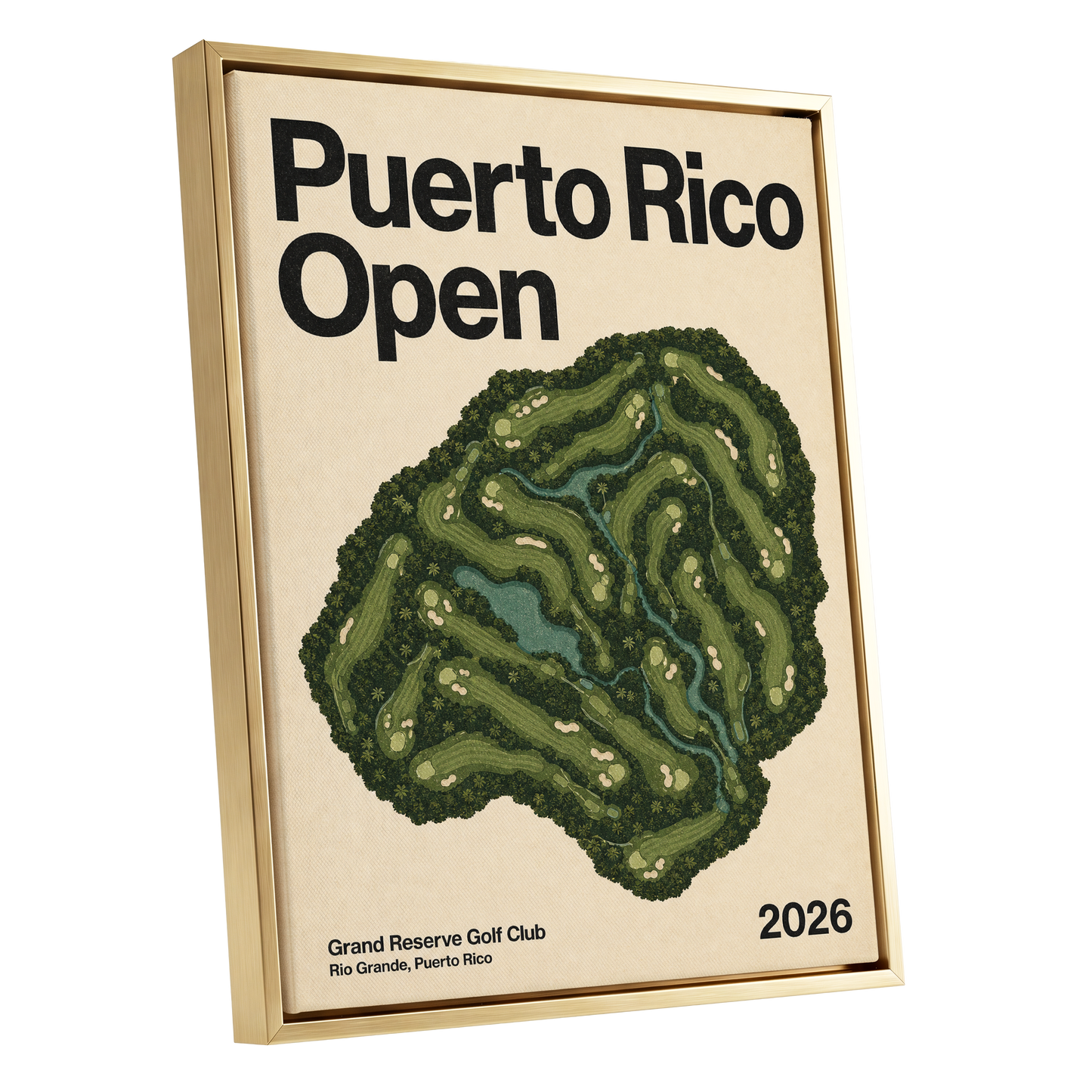 Puerto Rico Fairways, green, beige, black nature wall art shown as a gold framed canvas wall art