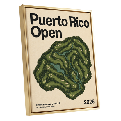 Puerto Rico Fairways, green, beige, black nature wall art shown as a gold framed canvas wall art