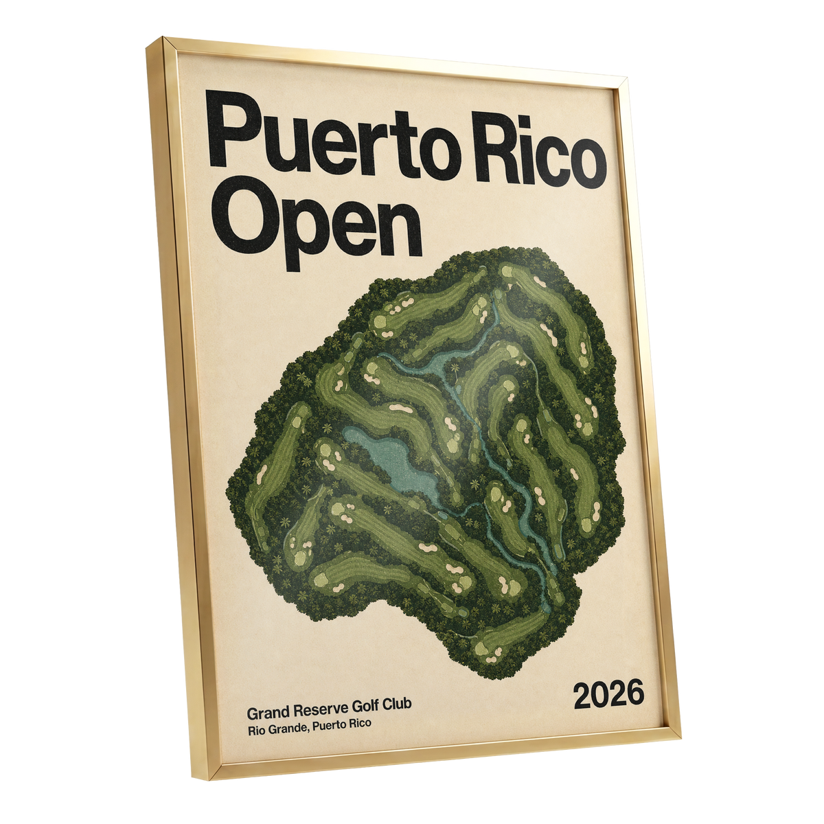Puerto Rico Fairways, green, beige, black nature wall art shown as a gold framed poster wall art print