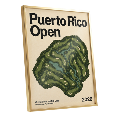 Puerto Rico Fairways, green, beige, black nature wall art shown as a gold framed poster wall art print