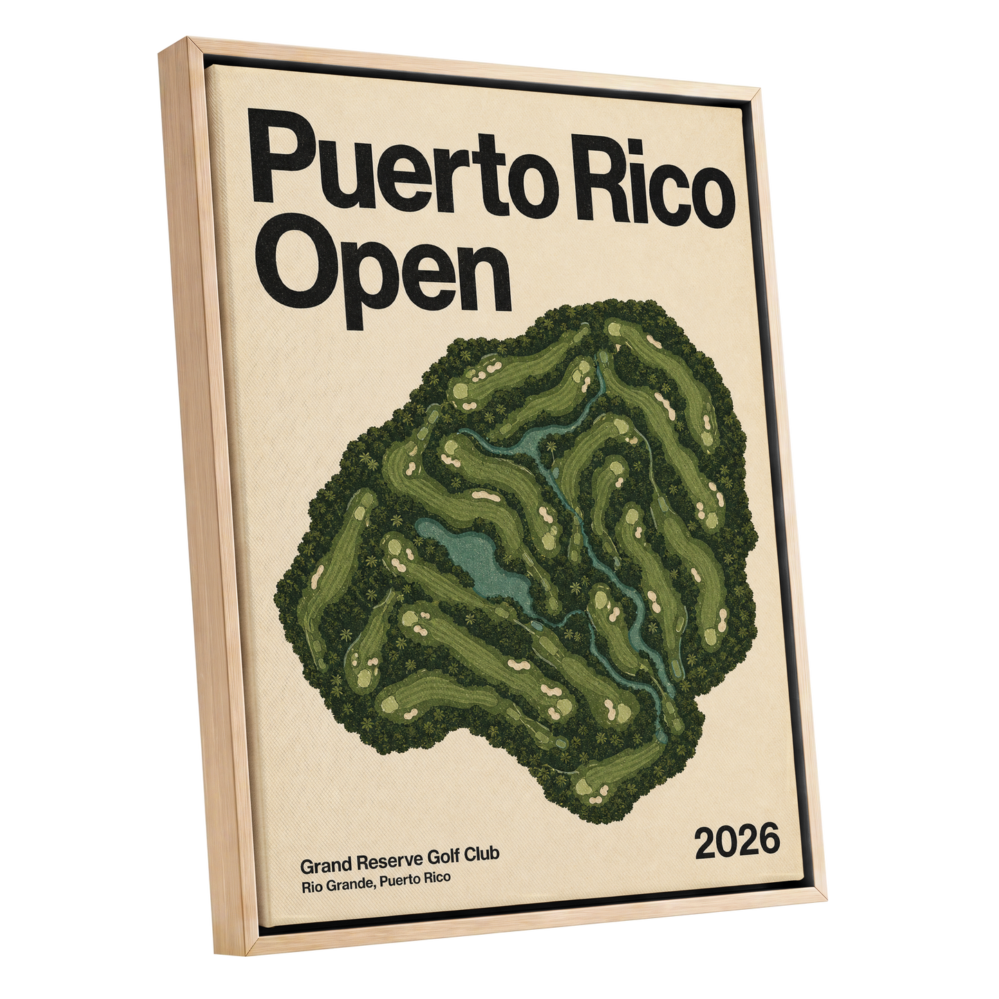 Puerto Rico Fairways, green, beige, black nature wall art shown as a oak framed canvas wall art