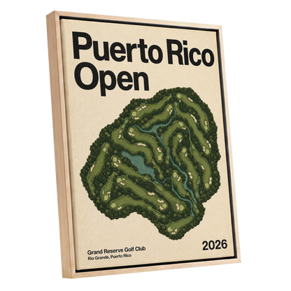 Puerto Rico Fairways, green, beige, black nature wall art shown as a oak framed canvas wall art