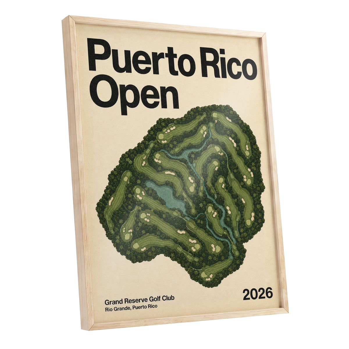 Puerto Rico Fairways, green, beige, black nature wall art shown as a oak framed poster wall art print