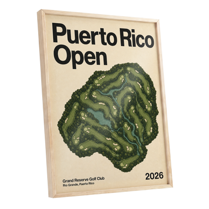Puerto Rico Fairways, green, beige, black nature wall art shown as a oak framed poster wall art print