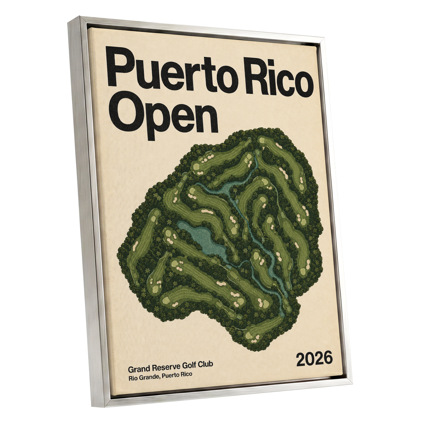 Puerto Rico Fairways, green, beige, black nature wall art shown as a silver framed canvas wall art