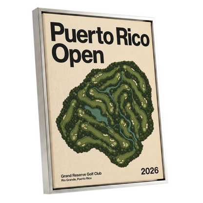 Puerto Rico Fairways, green, beige, black nature wall art shown as a silver framed canvas wall art