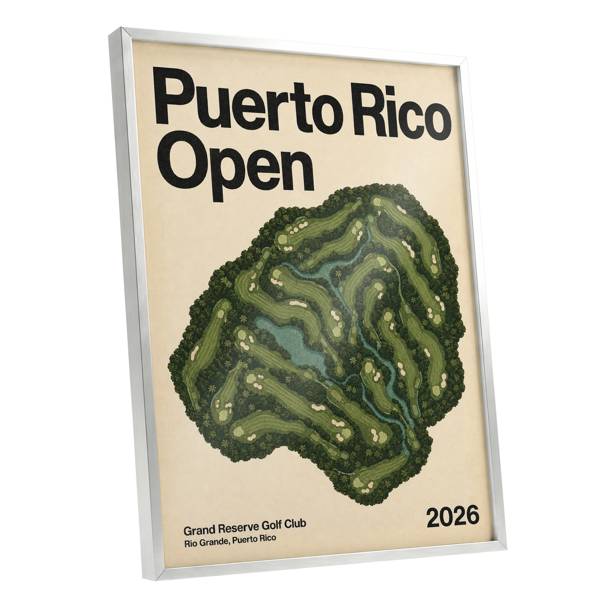 Puerto Rico Fairways, green, beige, black nature wall art shown as a silver framed poster wall art print