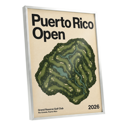 Puerto Rico Fairways, green, beige, black nature wall art shown as a silver framed poster wall art print