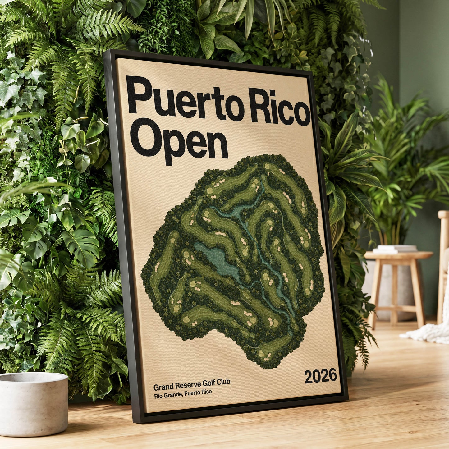 Puerto Rico Fairways, green, beige, black nature wall art displayed in a styled interior, gallery view 1