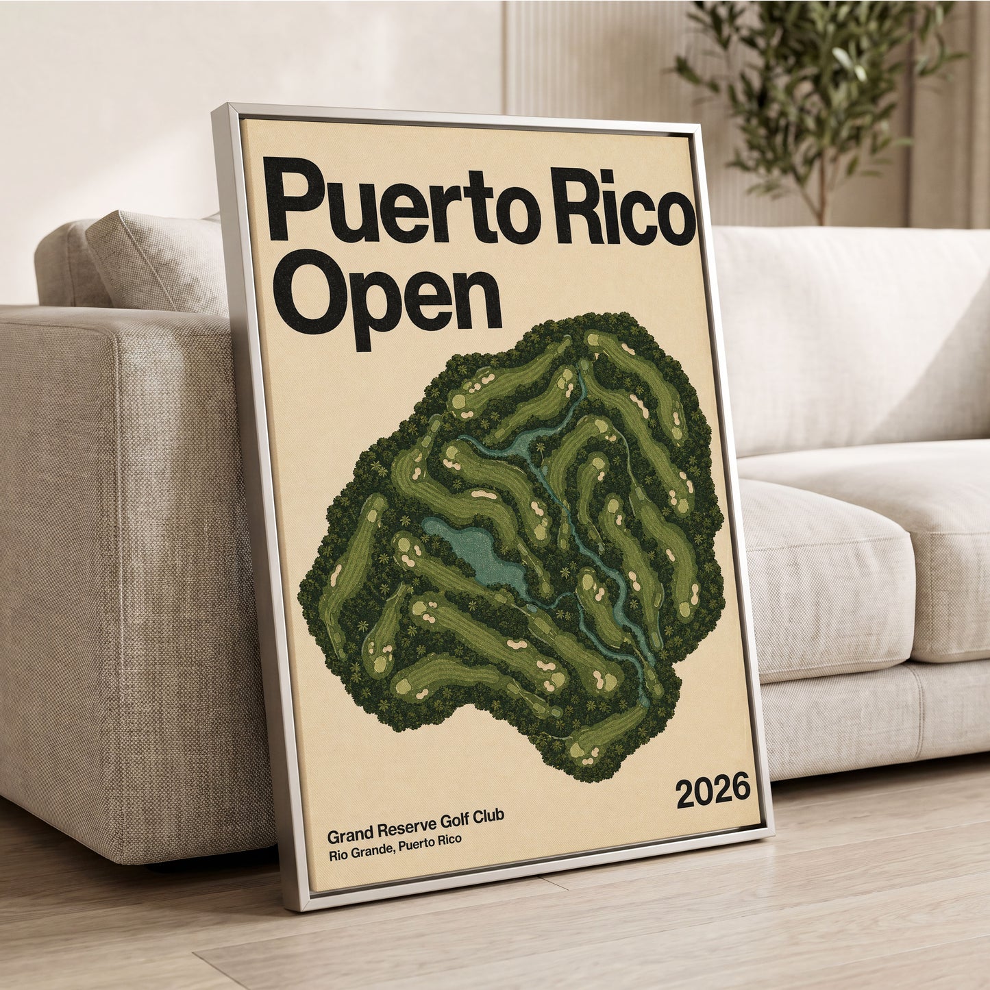 Puerto Rico Fairways, green, beige, black nature wall art displayed in a styled interior, gallery view 2