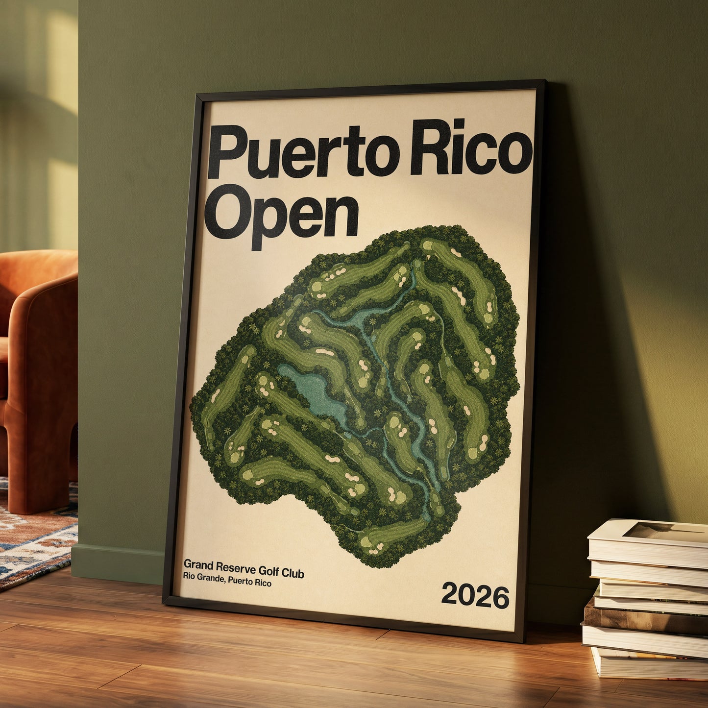 Puerto Rico Fairways, green, beige, black nature wall art displayed in a styled interior, gallery view 4